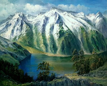 Painting titled "Домбай-Ульген. Озеро" by Andrei Khon, Original Artwork, Oil