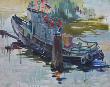 Картина под названием "boat in port" - Aliia Giliazova, Подлинное произведение искусства, Масло