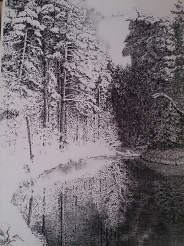 Dibujo titulada "Лесное озеро зимой" por Aleksandr Khablo, Obra de arte original, Lápiz