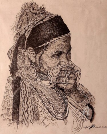 Painting titled "SAHRAOUIA : FEMME T…" by A. Lalmi, Original Artwork, Ink