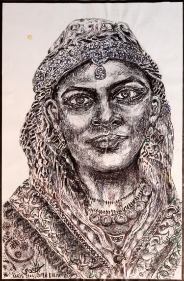 Drawing titled "Portrait de Femme -…" by A. Lalmi, Original Artwork, Ballpoint pen Mounted on Cardboard