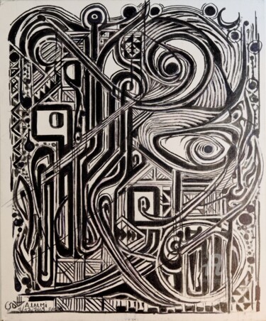 Malerei mit dem Titel "Composition calligr…" von A. Lalmi, Original-Kunstwerk, Tinte Auf Karton montiert