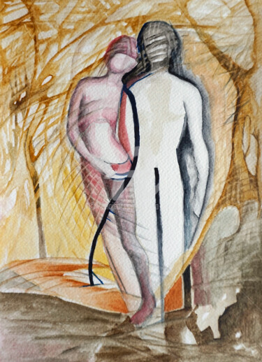 Картина под названием "Spacer po lesie" - Anna Lupa-Suchy, Подлинное произведение искусства, Акварель