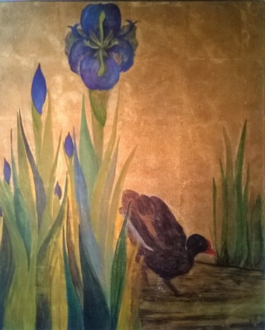 Peinture intitulée "Poule d'eau / Iris…" par A.Mt.Vankerk Vankerk "Loulou", Œuvre d'art originale