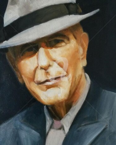 Schilderij getiteld "Leonard cohen" door A.N.Leroux, Origineel Kunstwerk, Olie Gemonteerd op Karton