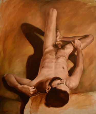 Painting titled "Man-cha" by Patrícia Trindade, Original Artwork, Oil Mounted on Wood Stretcher frame