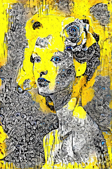 Arts numériques intitulée "Femme Jaune à la fl…" par A.R.Pixo, Œuvre d'art originale, Travail numérique 2D