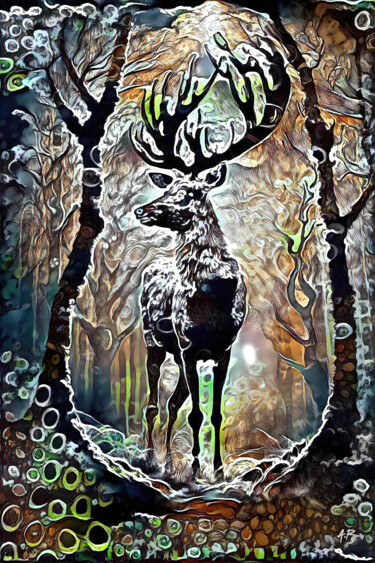 Arts numériques intitulée "Cerf dans la forêt" par A.R.Pixo, Œuvre d'art originale, Travail numérique 2D