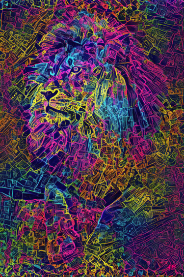 Arts numériques intitulée "Neon Lion" par A.R.Pixo, Œuvre d'art originale, Travail numérique 2D