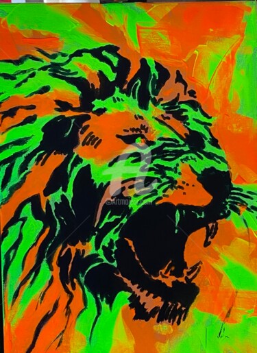 Painting titled "Lion" by Alexandra Saulnier, Original Artwork, Acrylic