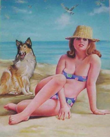 Painting titled "lady on beach" by A Sayed, Original Artwork, Oil