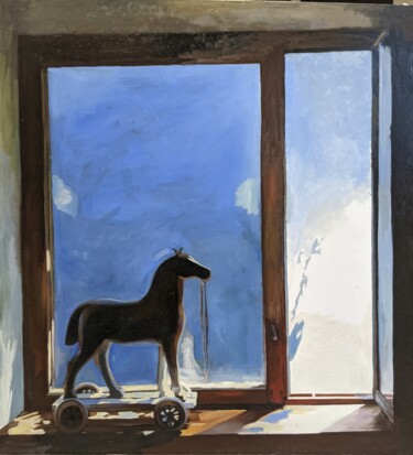 Painting titled "Toy horse on the wi…" by Anna Zavilenskaia, Original Artwork, Oil Mounted on Wood Panel