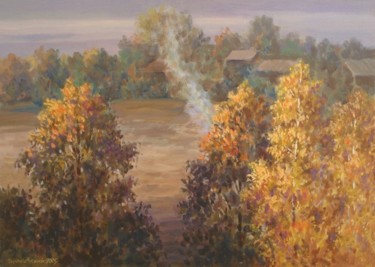 Картина под названием "Smoky autumn bonfire" - Arkady Zrazhevsky, Подлинное произведение искусства, Масло