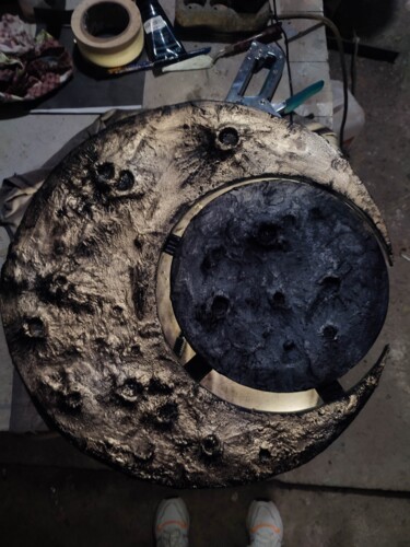 Sculpture titled "Moon" by A4, Original Artwork, Cement Mounted on Wood Panel