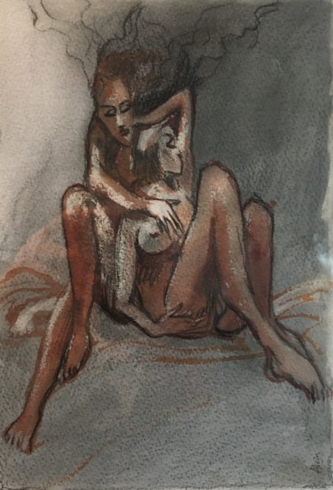 Drawing titled "Elle et elle" by Alain Godefroid, Original Artwork, Watercolor