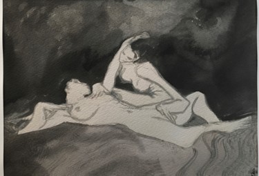 Drawing titled "Tendresse féminine" by Alain Godefroid, Original Artwork, Watercolor Mounted on Cardboard
