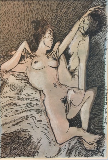 Desenho intitulada "Duo sur canapé II" por Alain Godefroid, Obras de arte originais, Tinta