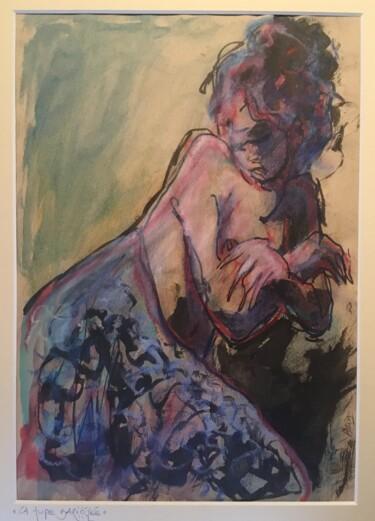 Desenho intitulada "La jupe bariolée" por Alain Godefroid, Obras de arte originais, Tinta