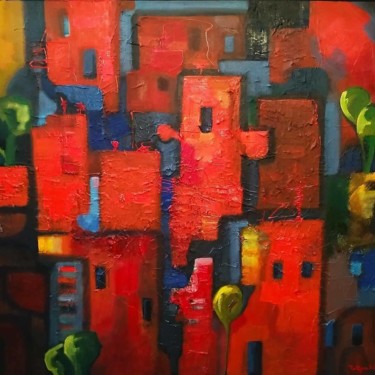 Painting titled "Red Town" by Nerseh Khalatyan, Original Artwork, Oil Mounted on Wood Stretcher frame
