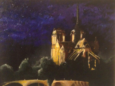 Painting titled "Notre Dame at Night" by Larry Aarons, Original Artwork, Oil Mounted on Other rigid panel