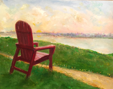 Painting titled "Red Chair" by Larry Aarons, Original Artwork, Oil Mounted on Other rigid panel