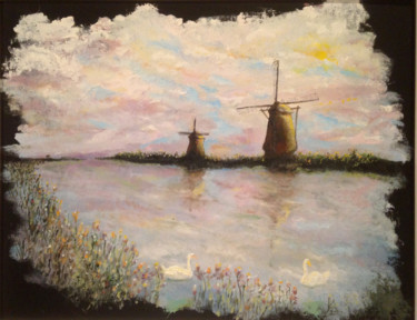 Painting titled "Windmills at Sunrise" by Larry Aarons, Original Artwork, Oil Mounted on Other rigid panel