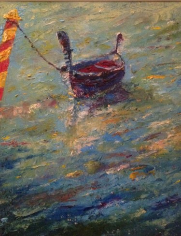 Painting titled "Venice Gondola" by Larry Aarons, Original Artwork, Oil Mounted on Other rigid panel