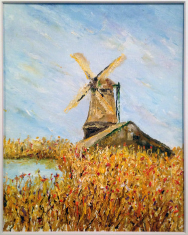Painting titled "Holland Windmill an…" by Larry Aarons, Original Artwork, Oil Mounted on Other rigid panel