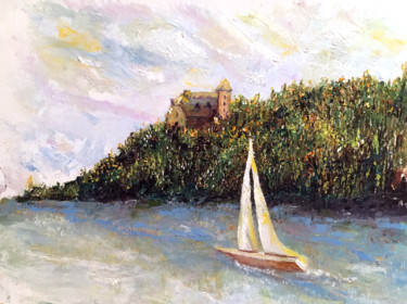 Painting titled "Sailing on the River" by Larry Aarons, Original Artwork, Oil Mounted on Other rigid panel