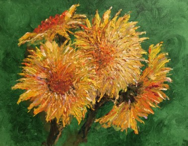 Pittura intitolato "Sunflowers on Green…" da Larry Aarons, Opera d'arte originale, Olio Montato su Altro pannello rigido