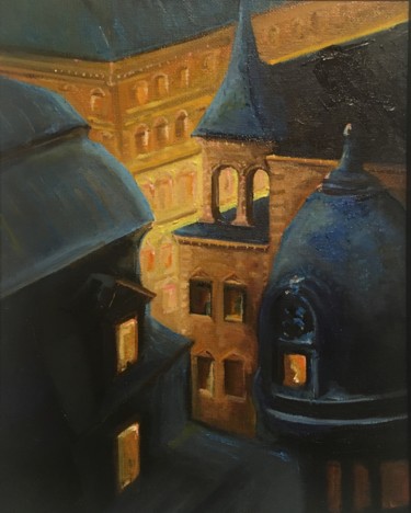Painting titled "Paris at Night" by Larry Aarons, Original Artwork, Oil Mounted on Other rigid panel