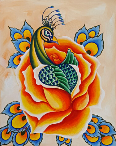 Schilderij getiteld "Orange Peacock Rose" door Aarron Laidig, Origineel Kunstwerk, Acryl Gemonteerd op Frame voor houten bra…