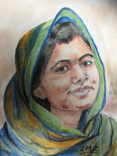 Painting titled "Malala" by Leila Zarif, Original Artwork, Watercolor