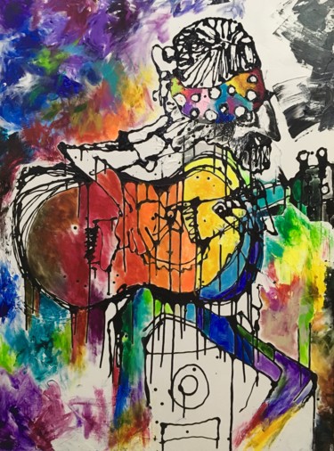 Schilderij getiteld "The Ageless Guitar" door Aatmica Ojha, Origineel Kunstwerk, Acryl