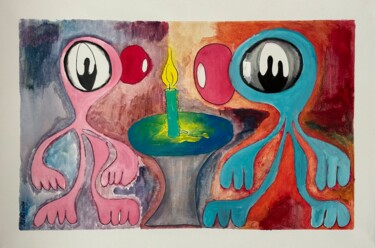 Schilderij getiteld "Candlelight Dinner" door Aatmica Ojha, Origineel Kunstwerk, Acryl Gemonteerd op Frame voor houten branc…