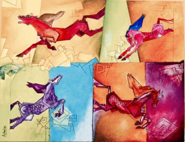 Pintura titulada "Galloping Horses" por Aatmica Ojha, Obra de arte original, Acrílico