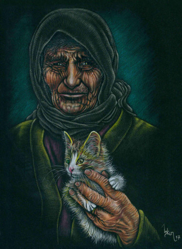 Drawing titled "Woman and cat" by Askin Ayrancioglu, Original Artwork, Pencil