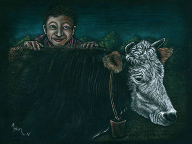 Drawing titled "Boy and cow" by Askin Ayrancioglu, Original Artwork, Pencil