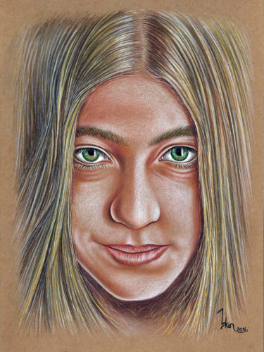 Dessin intitulée "Green Eyed Girl" par Askin Ayrancioglu, Œuvre d'art originale, Pastel