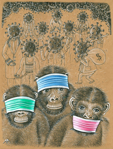 제목이 "Three monkey"인 그림 Askin Ayrancioglu로, 원작, 연필