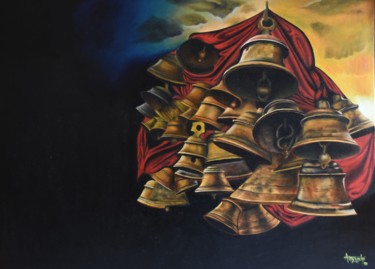 Schilderij getiteld "Bells" door Aayushi Gajjar, Origineel Kunstwerk, Olie Gemonteerd op Frame voor houten brancard