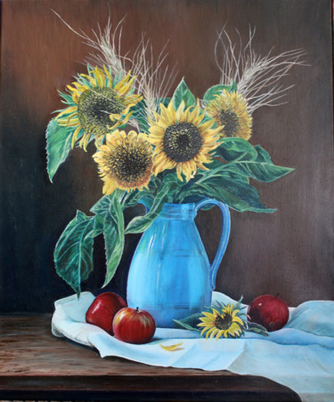 Pintura titulada "Sunflowers in a blu…" por Nadezhda Vavilova, Obra de arte original, Oleo