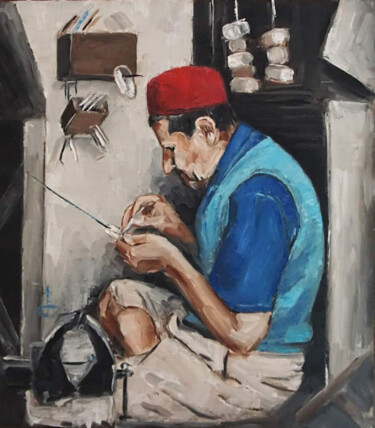 Painting titled "Saw maker" by Abdelmouhaimen Taoujouti (Art et peinture Tunisia), Original Artwork, Oil