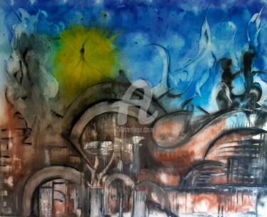 Painting titled "VILLE FONTÔME" by Abdelouahed Ziani, Original Artwork, Acrylic