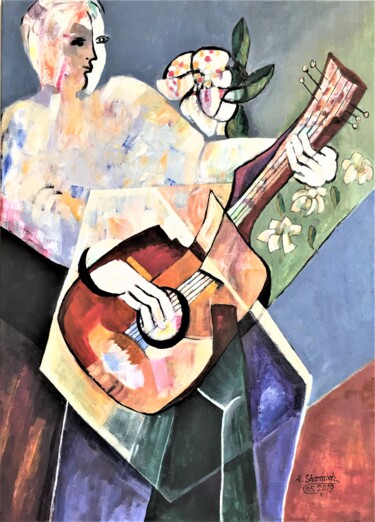 Painting titled "Man and Guitar" by Abdelrahman Shamieh, Original Artwork, Acrylic