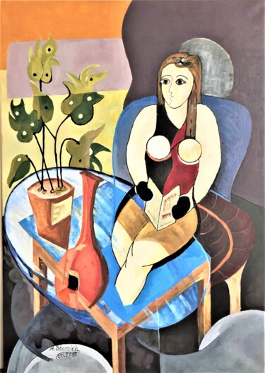 Painting titled "A Woman Reads" by Abdelrahman Shamieh, Original Artwork, Acrylic