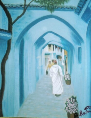 Peinture intitulée "Ruelle à Chefchaoun" par Rachida Abdrebbi, Œuvre d'art originale, Huile