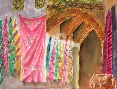 Peinture intitulée "Souk de tapis à Fès" par Rachida Abdrebbi, Œuvre d'art originale, Aquarelle