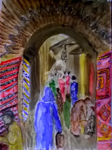 Ζωγραφική με τίτλο "souk à Marrakech" από Rachida Abdrebbi, Αυθεντικά έργα τέχνης, Ακουαρέλα