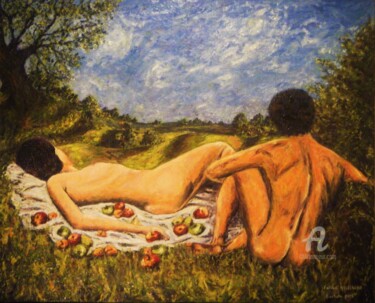 Pintura titulada "Le Repos, Adam et E…" por Fatiha Abellache, Obra de arte original, Oleo